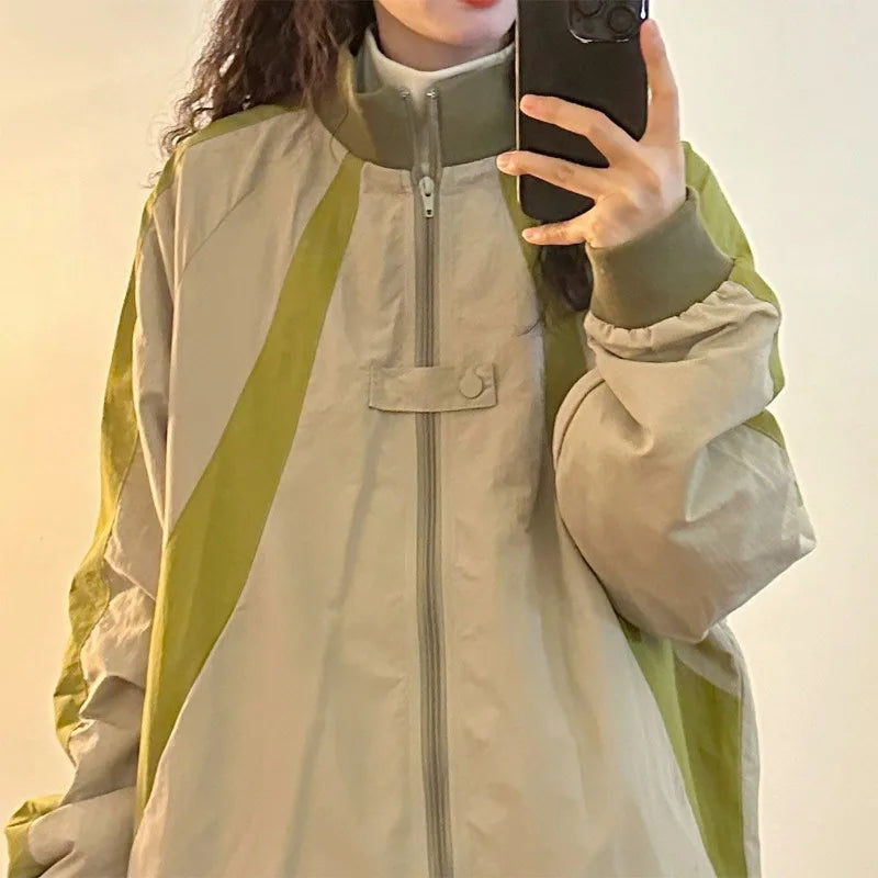 Retro Contrasting Color Splicing Design Stand Collar Baseball Uniform Jacket for Women's Autumn New Loose Jacket