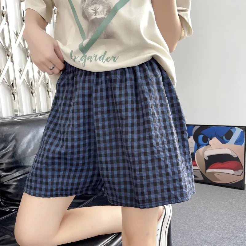 Summer Loose Plaid Shorts Women Ins Style Shorts High Waist Slimming Wide Legs Casual Home Pants Outdoor Wearing Walking Shorts