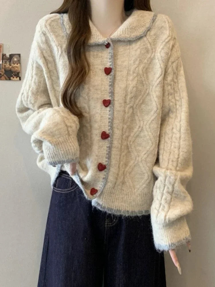 New Loose Sweater Autumn Winter Retro Love Button Knitted Sweater Women's Outer Wear Lazy Style Doll Collar Twist Cardigan Tops