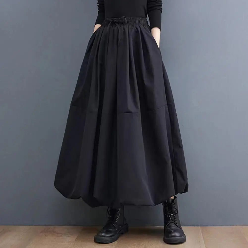 Women Maxi Skirt Balck Japanese Style Pockets Puff Skirts Womens Casual Elastic Waist Lace Up High Waist Pleated A-Line Skirt